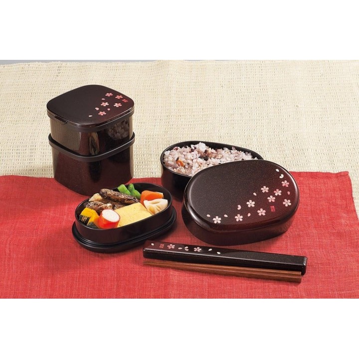 HAKOYA Boîte Bento 2 Étages 570ml Motif Sakura Rouge Japonais