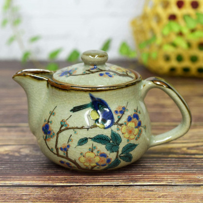 INO SEIHOU - Kutani-Yaki Tea Pot & Infuser - Flowers & Bird