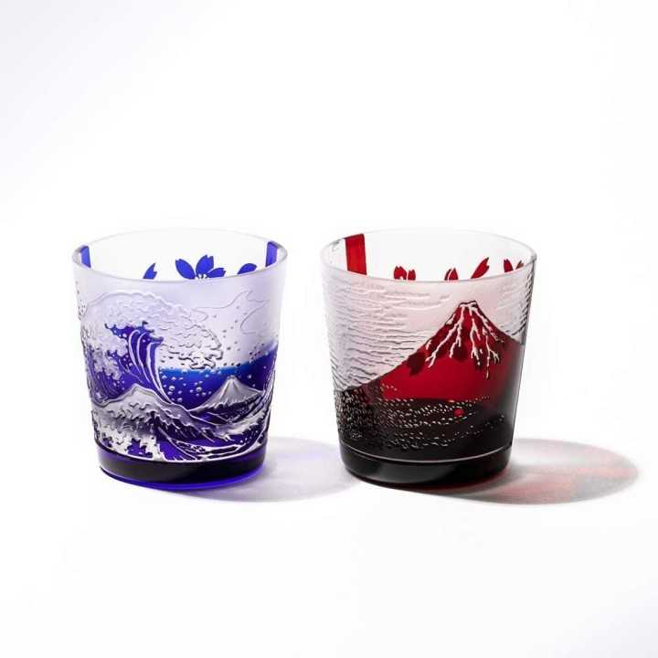 Verres Bleu et Rouge Hokusai (Edo Kiriko) | Cookingsan.com